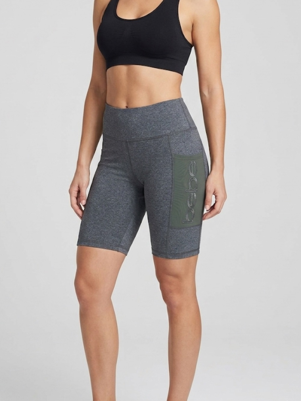 bebe Charcoal Gray High-Rise Bike Shorts with Olive Side Logo